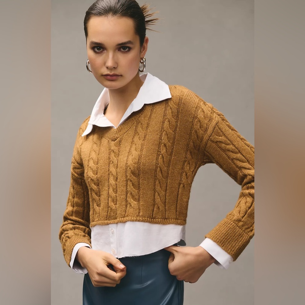 Anthropologie Pilcro Cropped Cable Knit Twofer Sweater Size Small